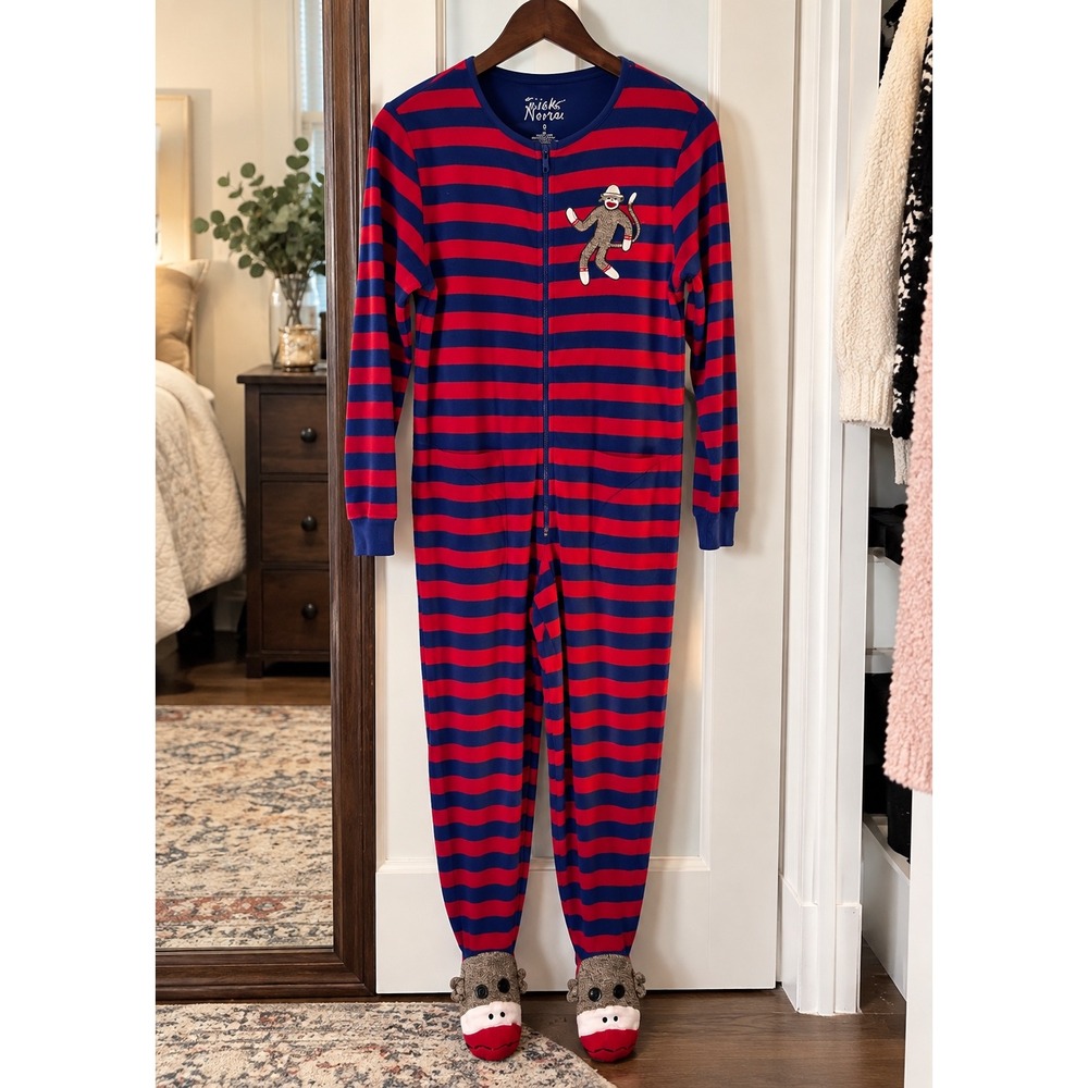 Nick & Nora Sock Monkey Footed Pajamas Womens Small Fleece Full Zip Sleeper